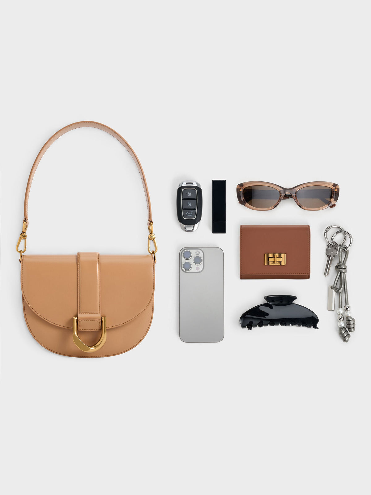 CHARLES & KEITH Best Price / Gabine Leather Saddle Bag - Toffee
