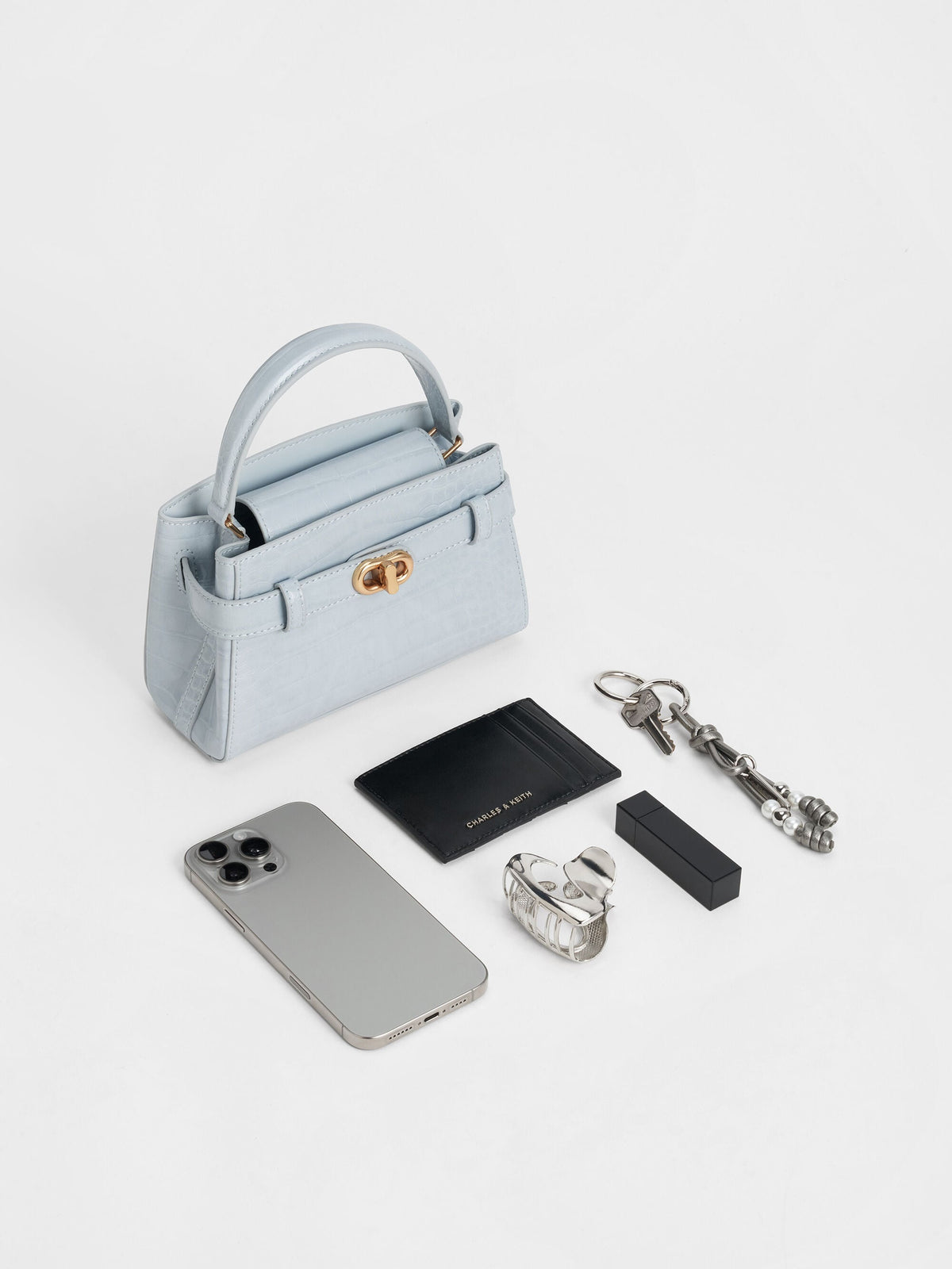 CHARLES & KEITH Essential / Aubrielle Croc-Effect Belted Top Handle Bag - Sea Salt Blue