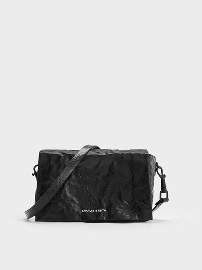 CHARLES & KEITH Smart Buy / Matina Crinkle-Effect Crossbody Bag - Jet Black