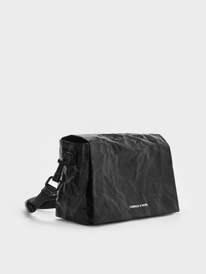 CHARLES & KEITH Smart Buy / Matina Crinkle-Effect Crossbody Bag - Jet Black