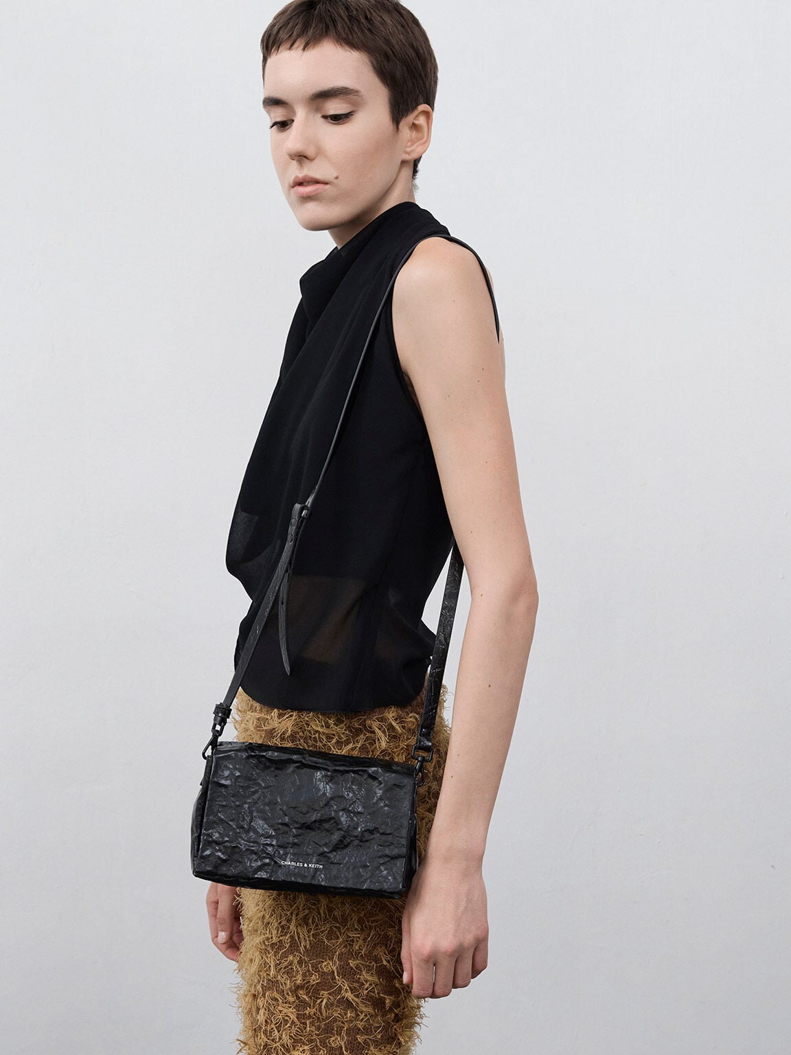 CHARLES & KEITH Smart Buy / Matina Crinkle-Effect Crossbody Bag - Jet Black