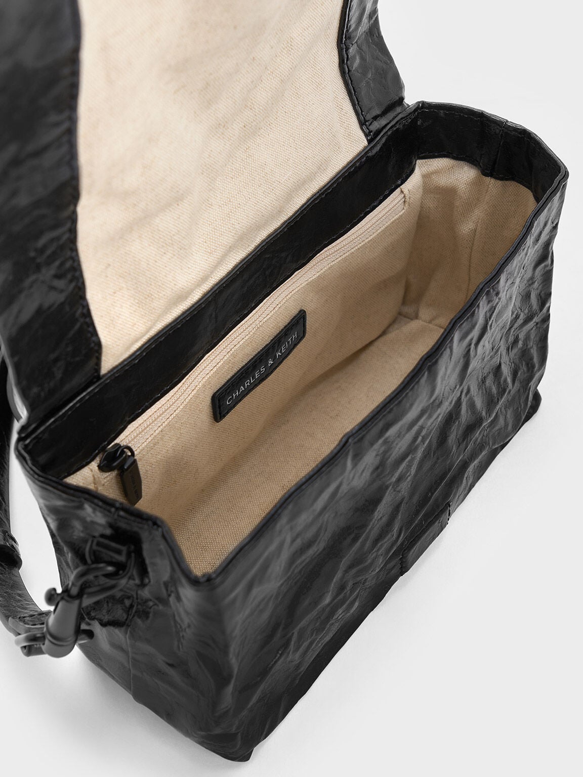 CHARLES & KEITH Smart Buy / Matina Crinkle-Effect Crossbody Bag - Jet Black