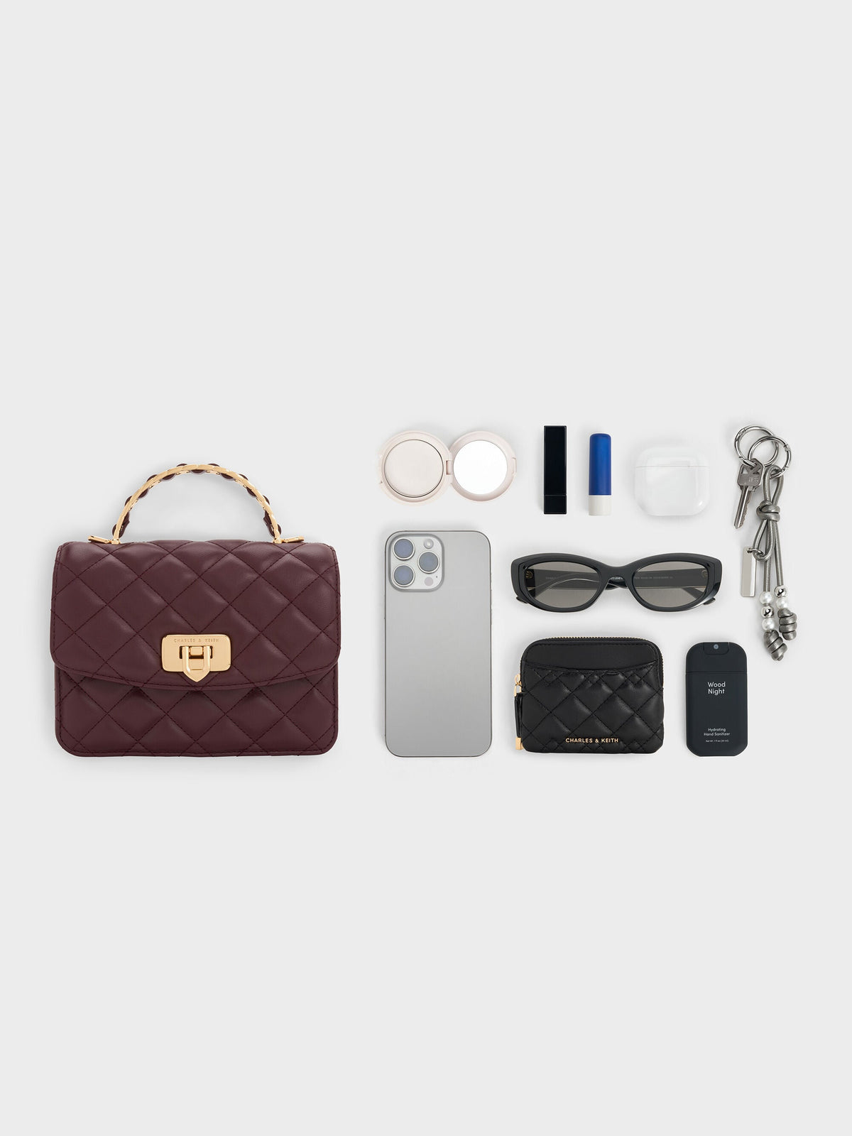 CHARLES & KEITH Smart Buy / Cressida Quilted Top Handle Bag - Wineberry Red