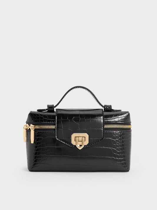 CHARLES & KEITH Everyday / Arwen Croc-Effect Top Handle Vanity Bag - Black
