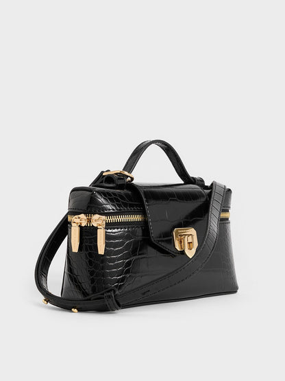 CHARLES & KEITH Everyday / Arwen Croc-Effect Top Handle Vanity Bag - Black