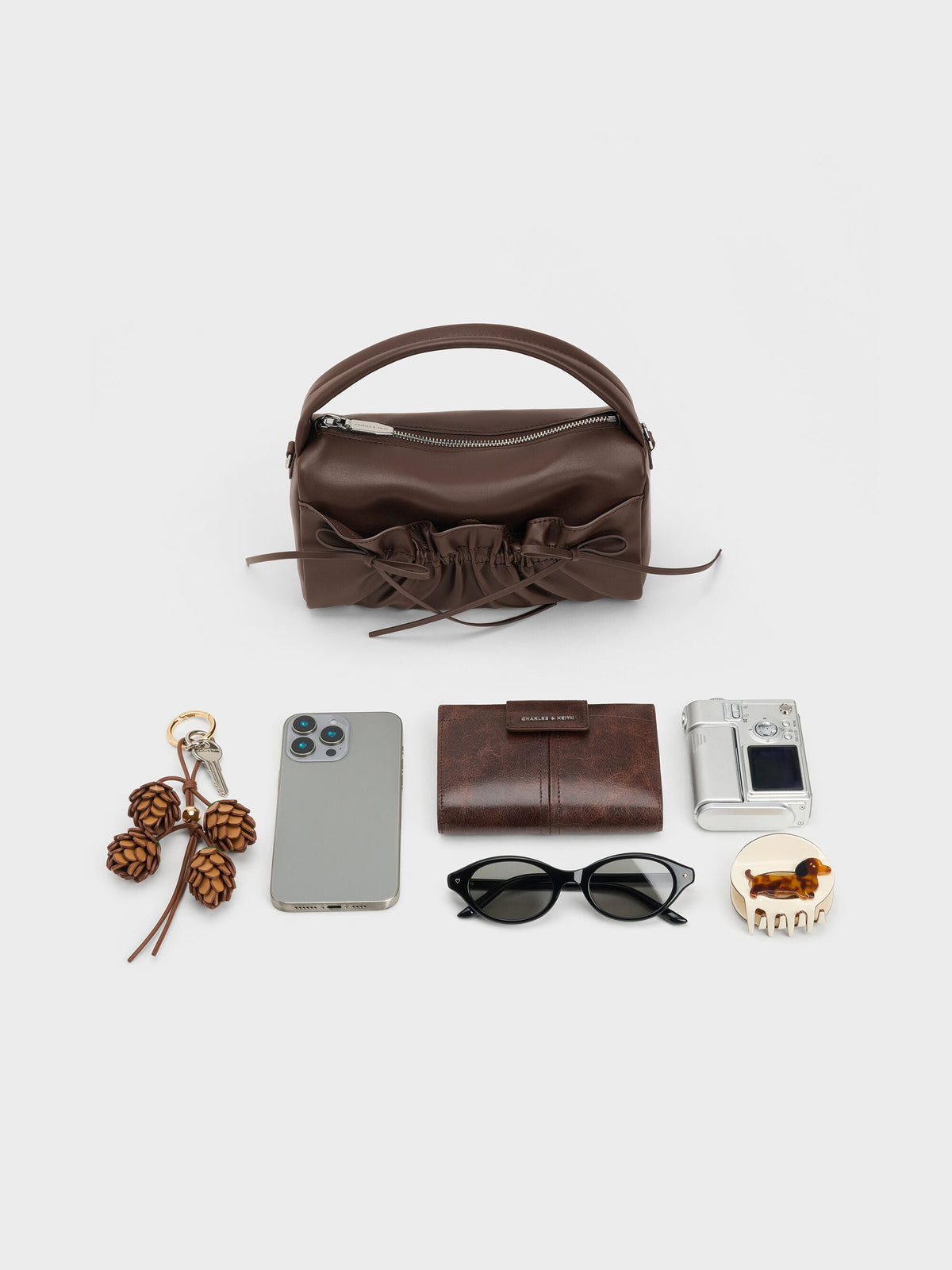 CHARLES & KEITH Deals / Reese Ruched Bow Top Handle Bag - Espresso Brown