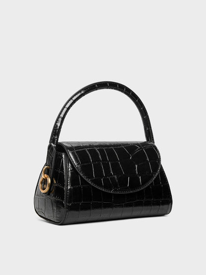 CHARLES & KEITH Top Pick / Kaila Croc-Effect Top Handle Bag - Black Croco