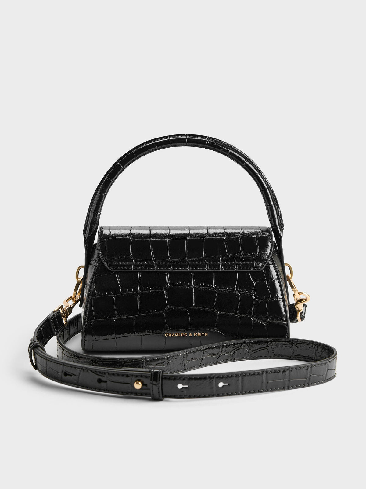 CHARLES & KEITH Top Pick / Kaila Croc-Effect Top Handle Bag - Black Croco