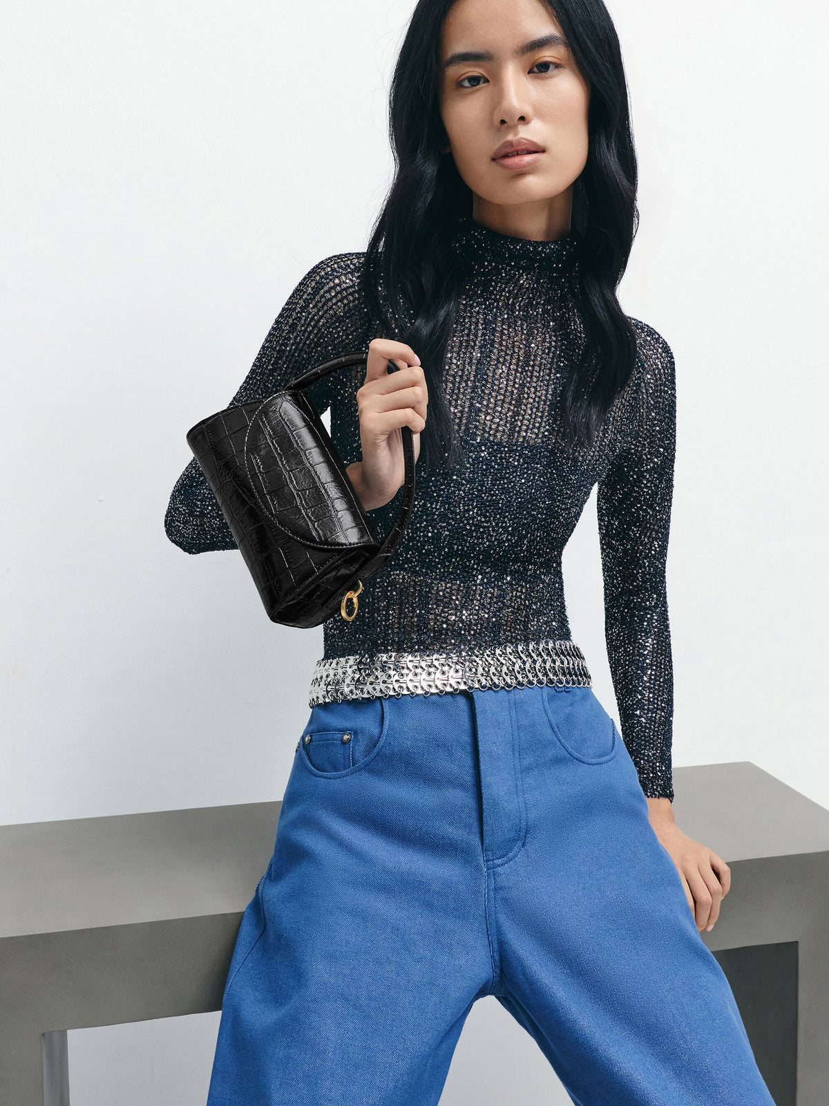 CHARLES & KEITH Top Pick / Kaila Croc-Effect Top Handle Bag - Black Croco