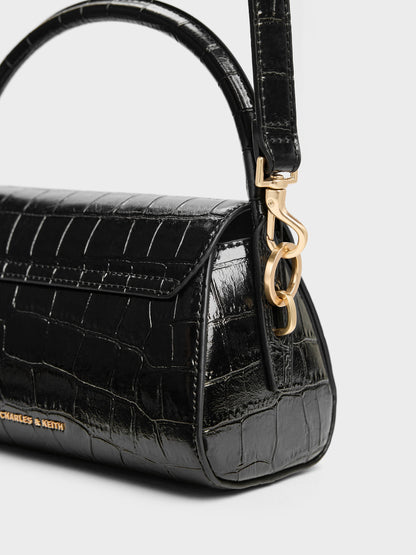 CHARLES & KEITH Top Pick / Kaila Croc-Effect Top Handle Bag - Black Croco