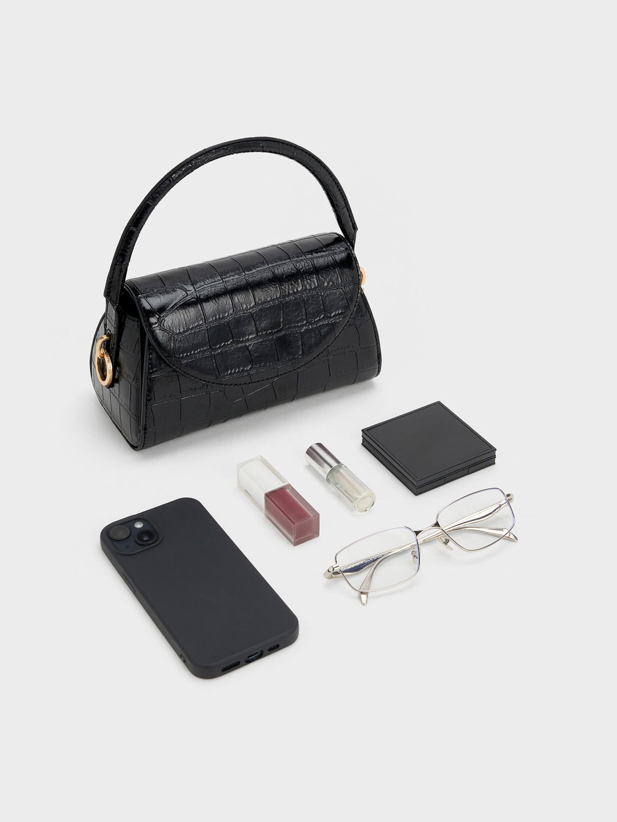 CHARLES & KEITH Top Pick / Kaila Croc-Effect Top Handle Bag - Black Croco