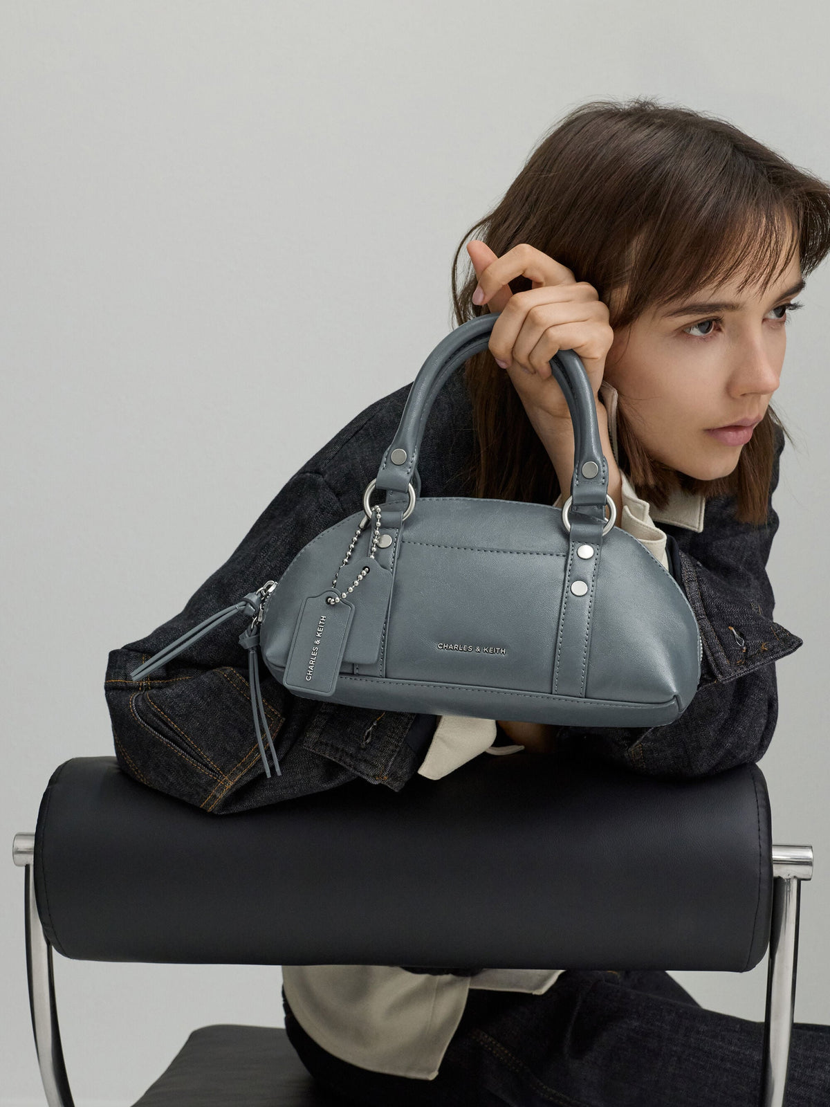CHARLES & KEITH Trusted / Tatiana Studded Bowling Bag - Smoky Blue