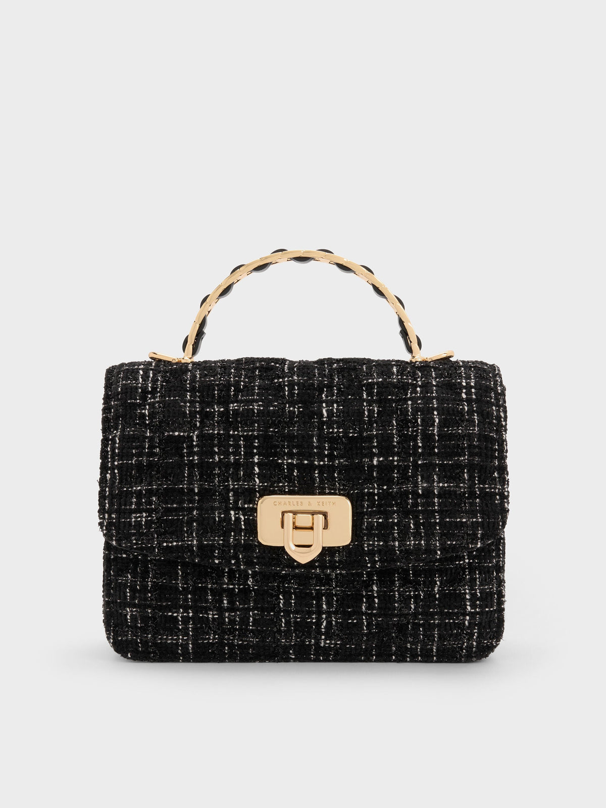 CHARLES & KEITH Popular / Cressida Tweed Quilted Top Handle Bag - Black Tweed