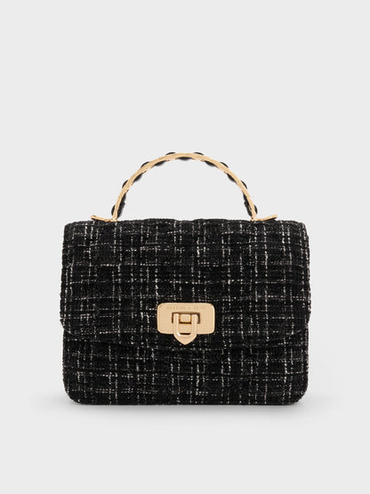 CHARLES & KEITH Popular / Cressida Tweed Quilted Top Handle Bag - Black Tweed