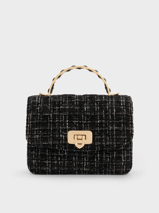 CHARLES & KEITH Popular / Cressida Tweed Quilted Top Handle Bag - Black Tweed