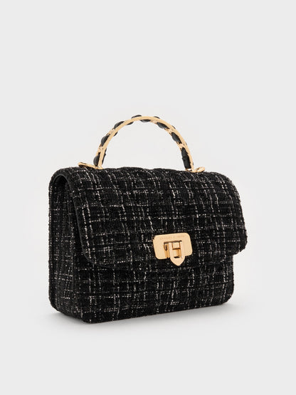 CHARLES & KEITH Popular / Cressida Tweed Quilted Top Handle Bag - Black Tweed