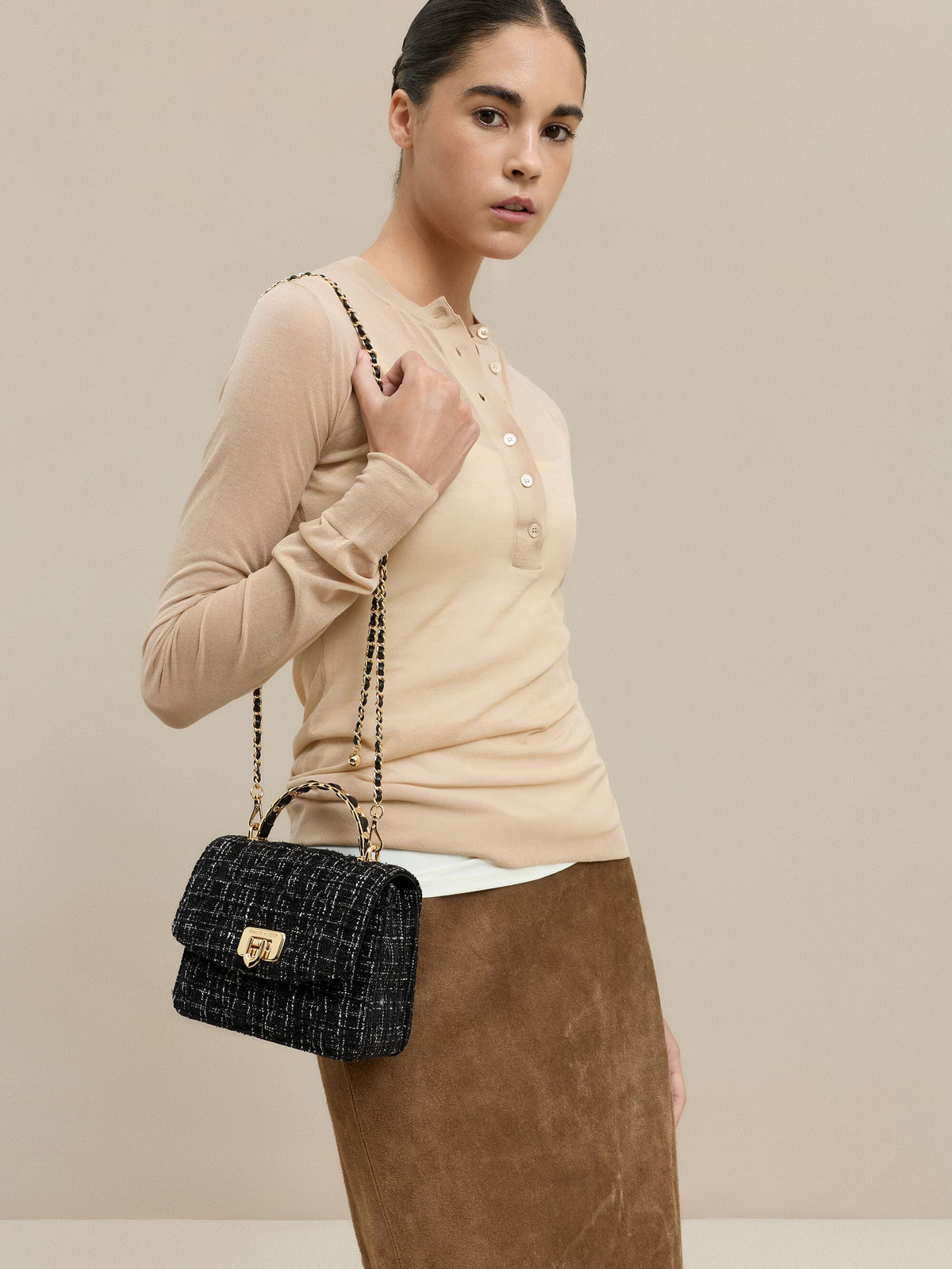 CHARLES & KEITH Popular / Cressida Tweed Quilted Top Handle Bag - Black Tweed