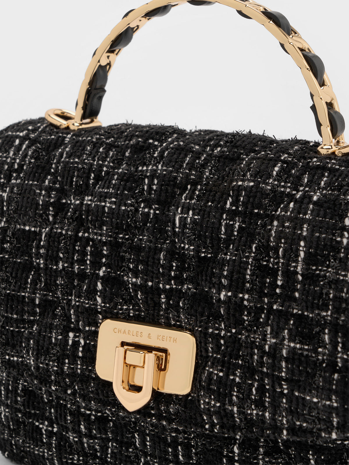 CHARLES & KEITH Popular / Cressida Tweed Quilted Top Handle Bag - Black Tweed