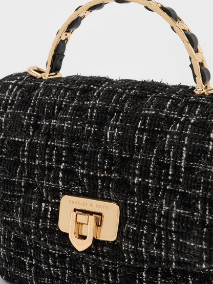 CHARLES & KEITH Popular / Cressida Tweed Quilted Top Handle Bag - Black Tweed