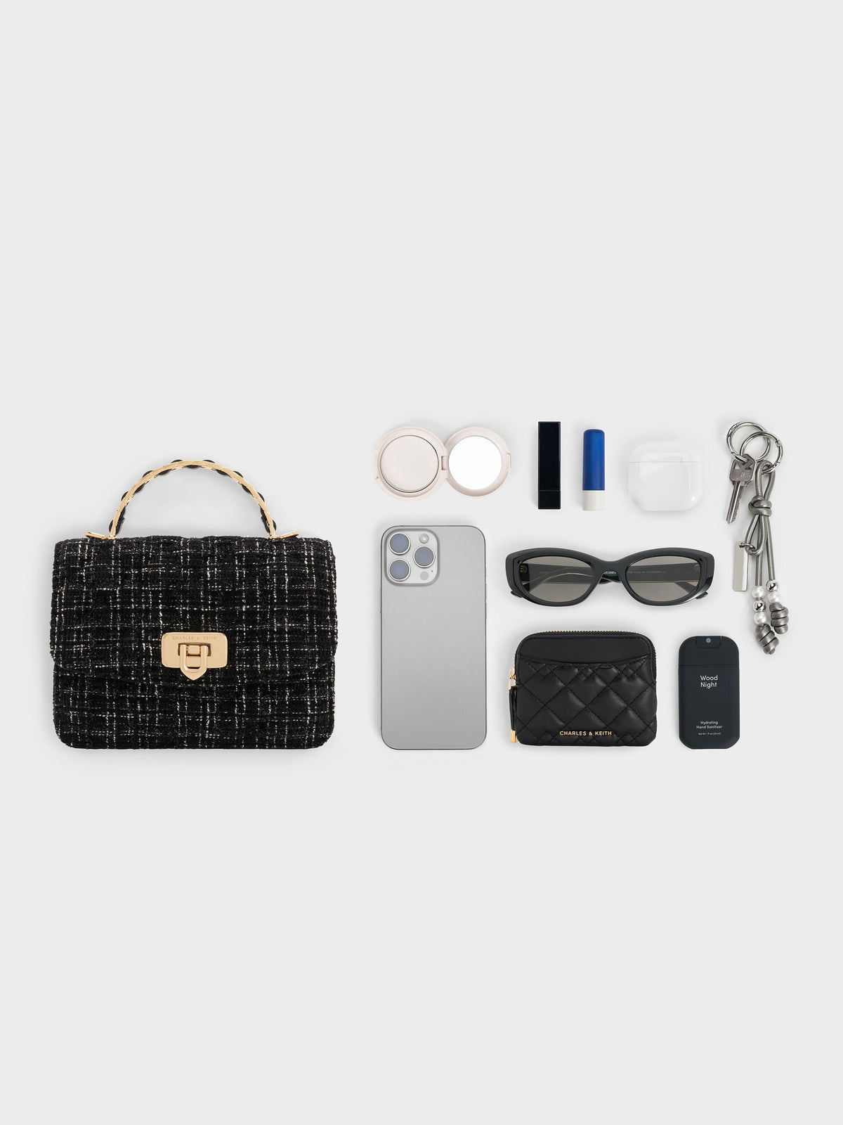 CHARLES & KEITH Popular / Cressida Tweed Quilted Top Handle Bag - Black Tweed