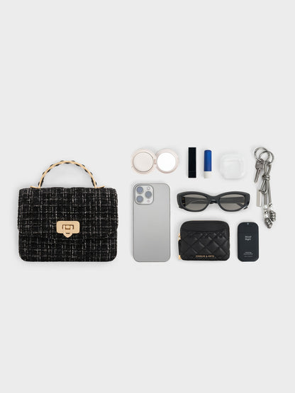 CHARLES & KEITH Popular / Cressida Tweed Quilted Top Handle Bag - Black Tweed