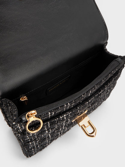 CHARLES & KEITH Popular / Cressida Tweed Quilted Top Handle Bag - Black Tweed