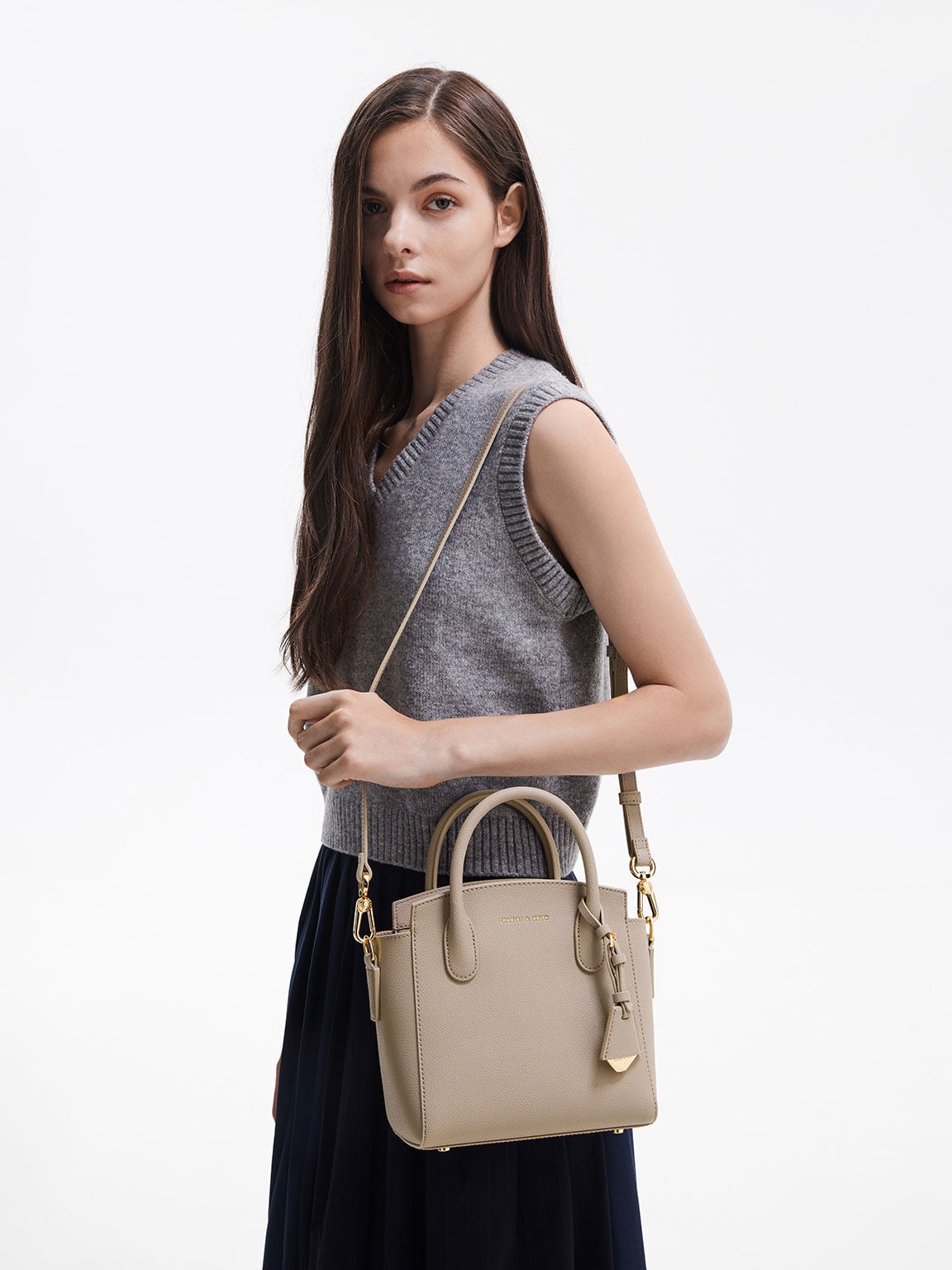 CHARLES & KEITH Exclusive / Harper Structured Top Handle Bag - Taupe