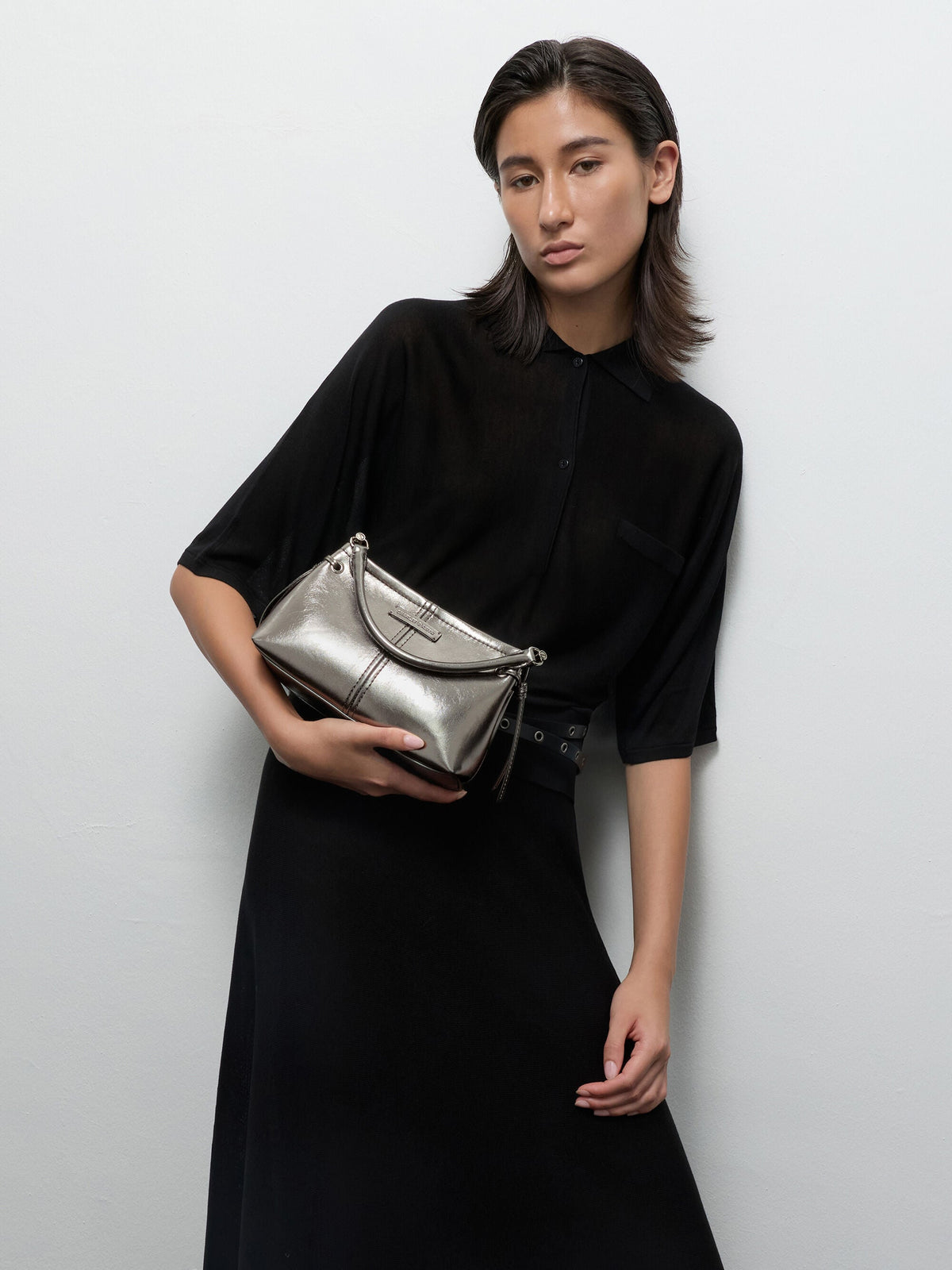 CHARLES & KEITH Value / Noane Metallic Top Handle Bag - Pewter
