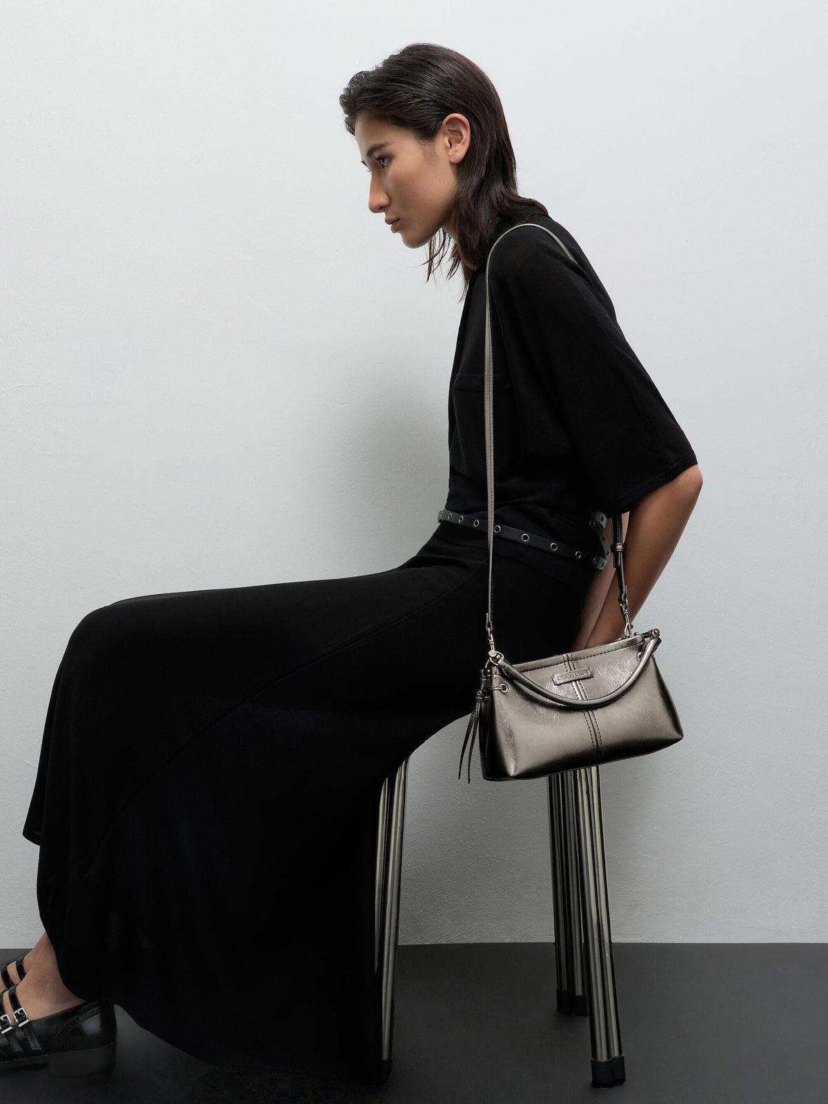 CHARLES & KEITH Value / Noane Metallic Top Handle Bag - Pewter
