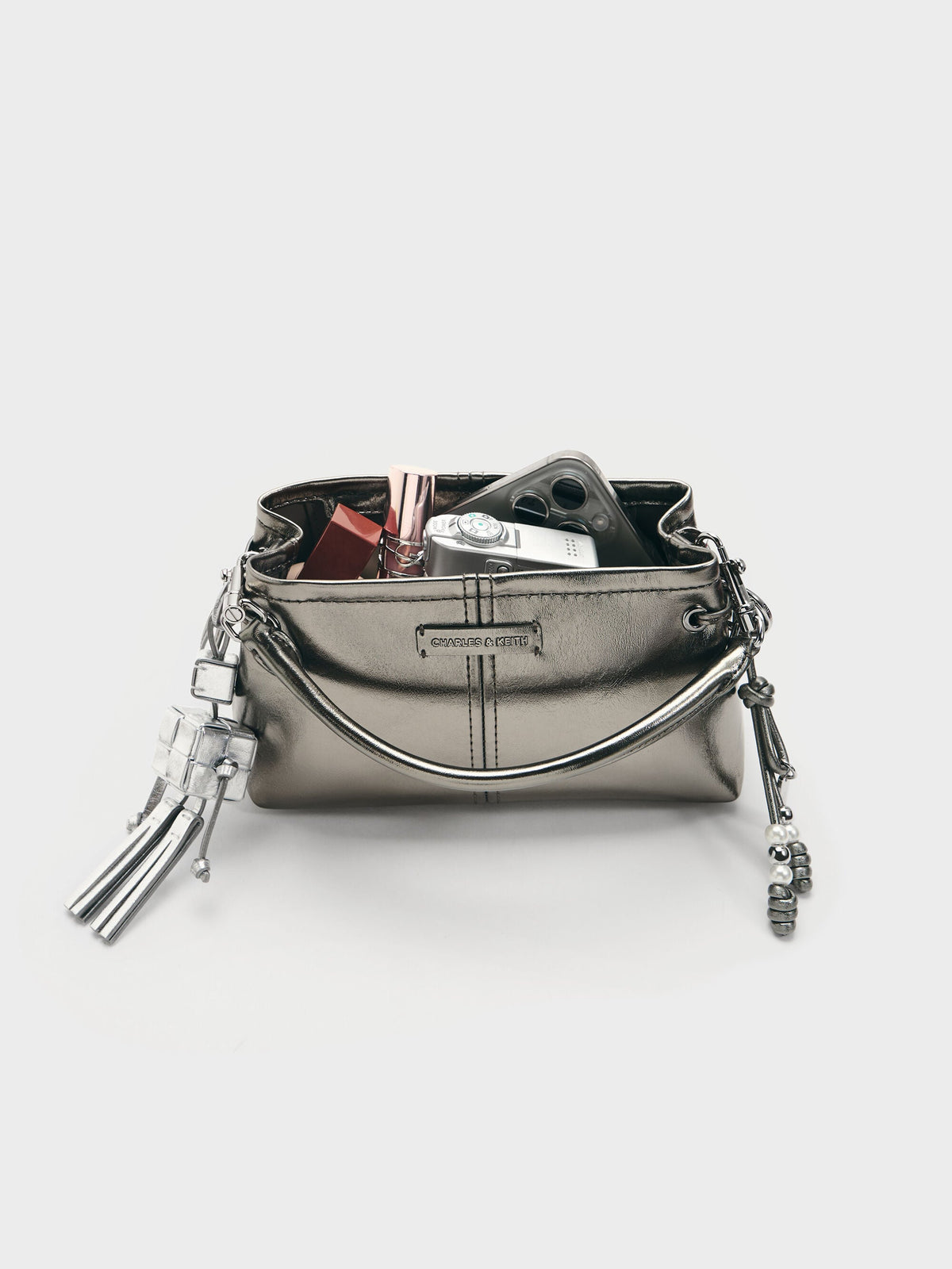 CHARLES & KEITH Value / Noane Metallic Top Handle Bag - Pewter