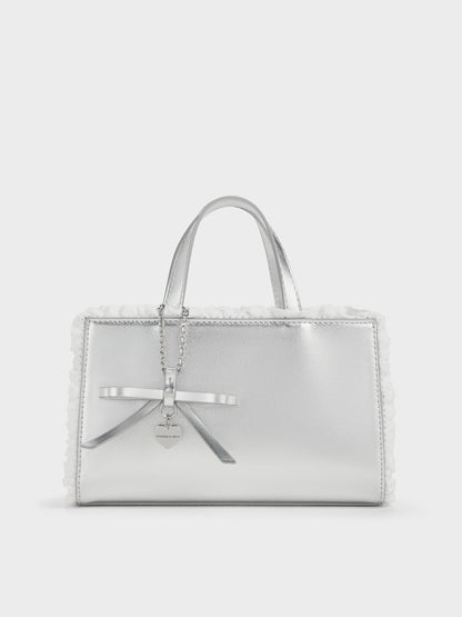 CHARLES & KEITH New / Raina Metallic Lace-Trim Tote Bag - Silver