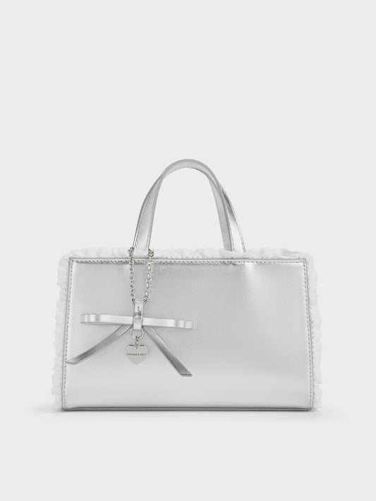 CHARLES & KEITH New / Raina Metallic Lace-Trim Tote Bag - Silver