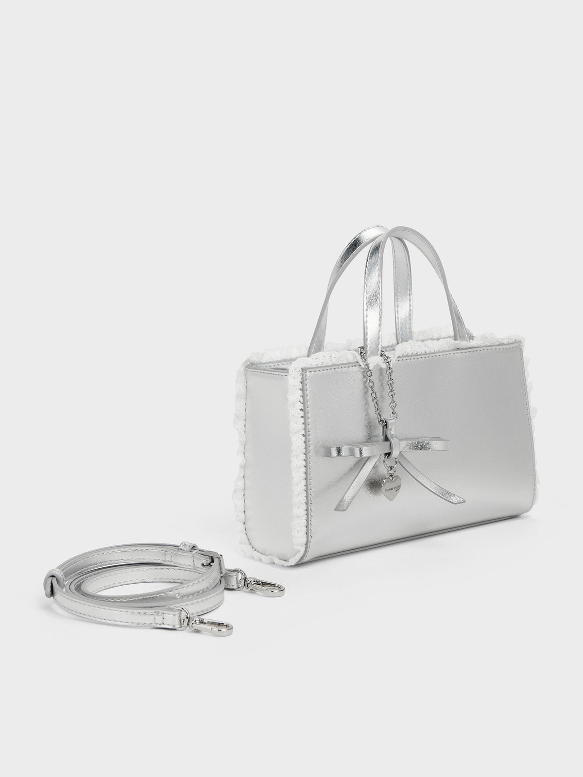 CHARLES & KEITH New / Raina Metallic Lace-Trim Tote Bag - Silver