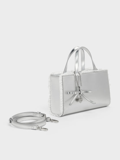 CHARLES & KEITH New / Raina Metallic Lace-Trim Tote Bag - Silver