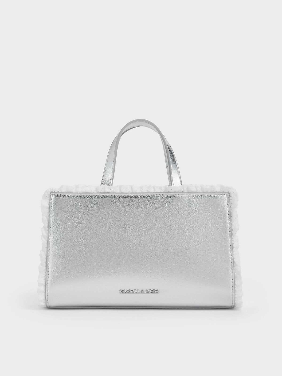 CHARLES & KEITH New / Raina Metallic Lace-Trim Tote Bag - Silver
