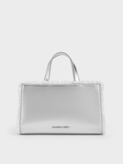 CHARLES & KEITH New / Raina Metallic Lace-Trim Tote Bag - Silver