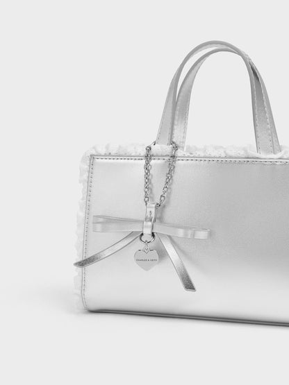 CHARLES & KEITH New / Raina Metallic Lace-Trim Tote Bag - Silver