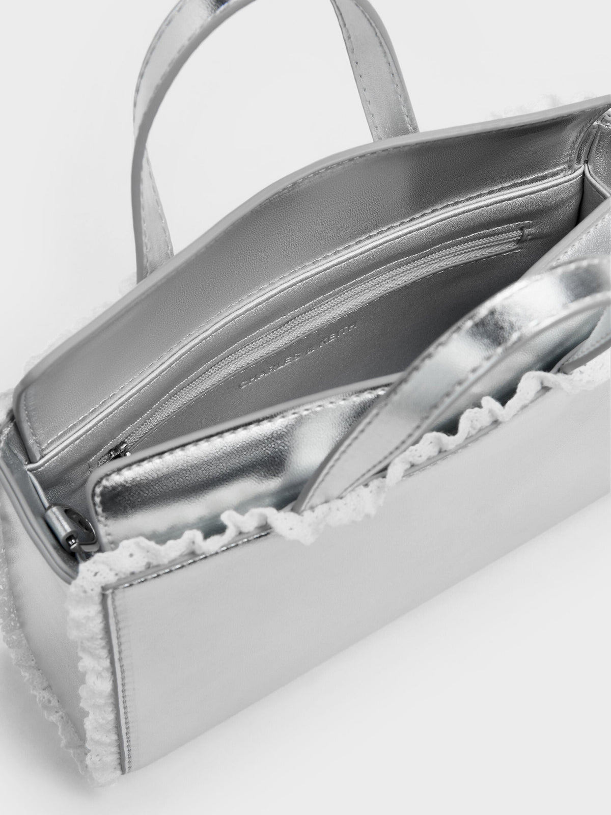 CHARLES & KEITH New / Raina Metallic Lace-Trim Tote Bag - Silver
