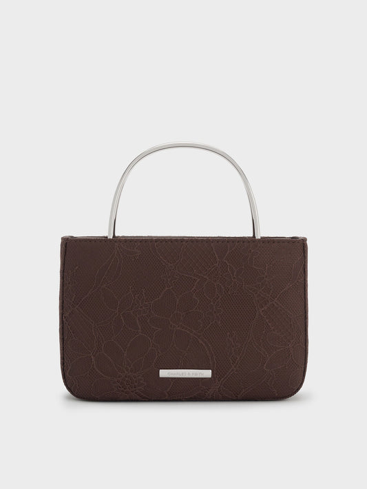 CHARLES & KEITH Discount / Jennis Lace & Satin Top Handle Bag - Dark Brown Textured
