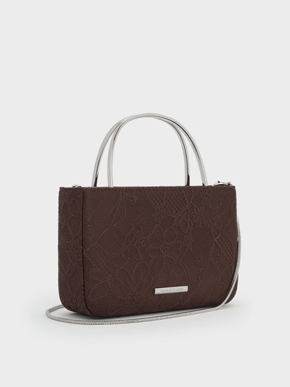 CHARLES & KEITH Discount / Jennis Lace & Satin Top Handle Bag - Dark Brown Textured