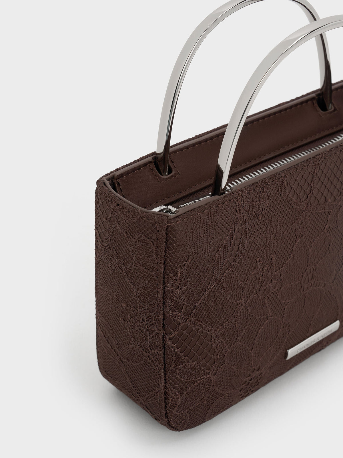 CHARLES & KEITH Discount / Jennis Lace & Satin Top Handle Bag - Dark Brown Textured