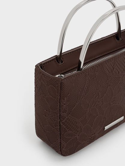 CHARLES & KEITH Discount / Jennis Lace & Satin Top Handle Bag - Dark Brown Textured
