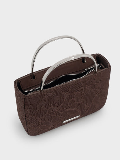 CHARLES & KEITH Discount / Jennis Lace & Satin Top Handle Bag - Dark Brown Textured