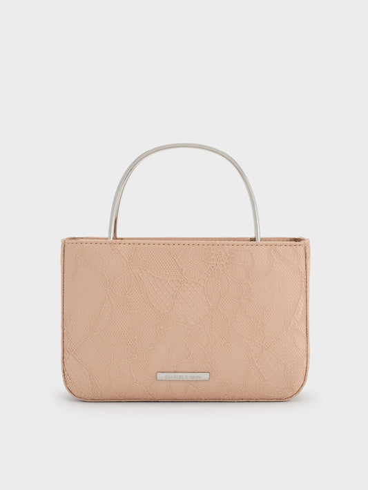 CHARLES & KEITH Hot Sale / Jennis Lace & Satin Top Handle Bag - Nude Textured