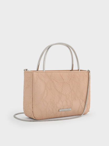 CHARLES & KEITH Hot Sale / Jennis Lace & Satin Top Handle Bag - Nude Textured