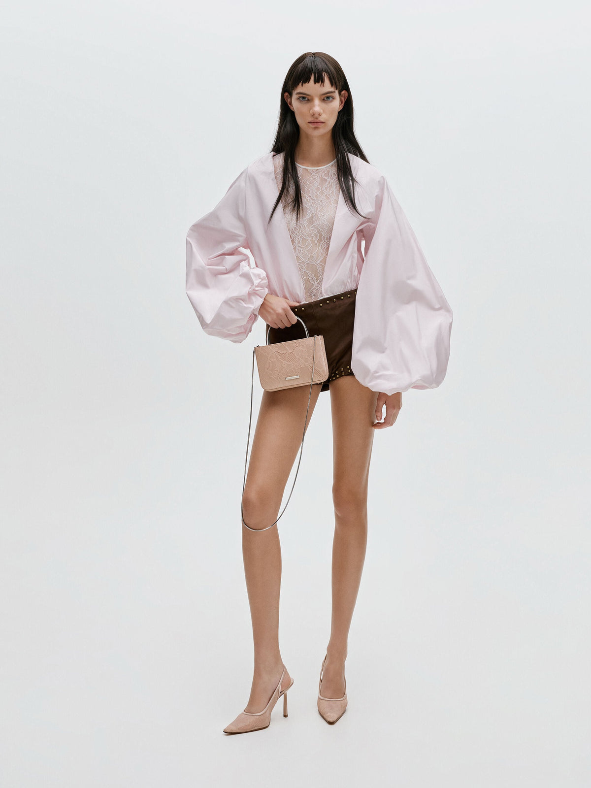 CHARLES & KEITH Hot Sale / Jennis Lace & Satin Top Handle Bag - Nude Textured