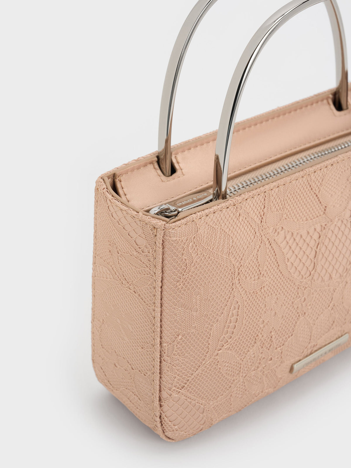 CHARLES & KEITH Hot Sale / Jennis Lace & Satin Top Handle Bag - Nude Textured
