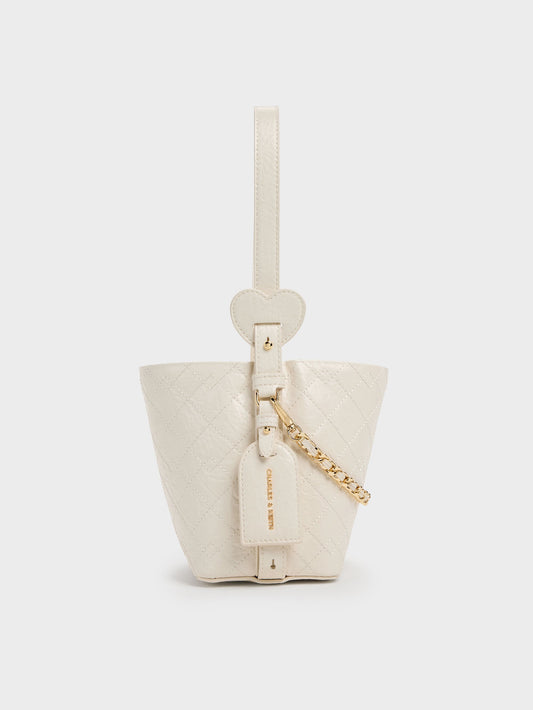 CHARLES & KEITH New / Duo Quilted Chain Bucket Bag - Cream