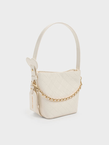 CHARLES & KEITH New / Duo Quilted Chain Bucket Bag - Cream