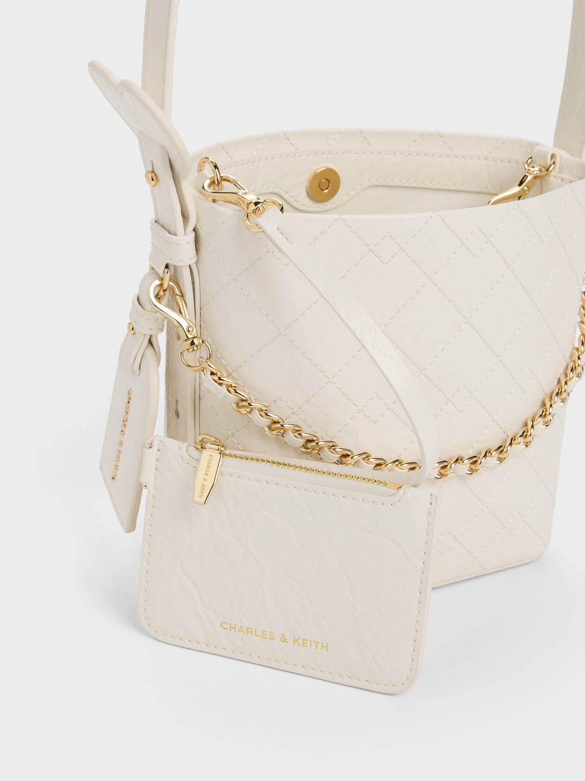 CHARLES & KEITH New / Duo Quilted Chain Bucket Bag - Cream